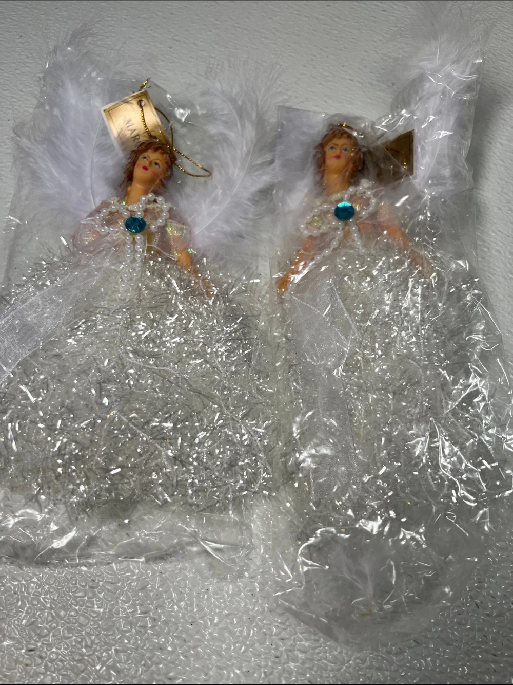 White Feathers Christmas Angel Birthstone Ornament March New Set 2